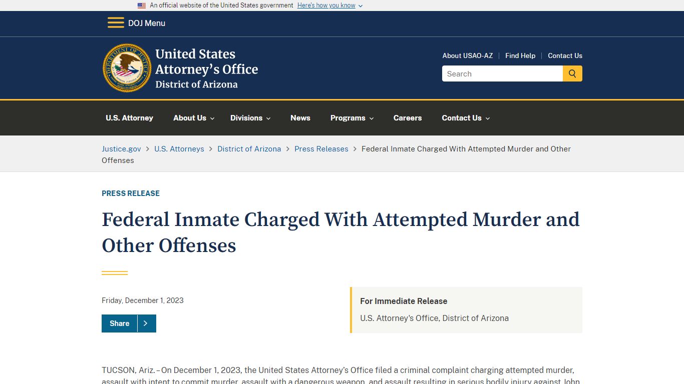 Federal Inmate Charged With Attempted Murder and Other Offenses
